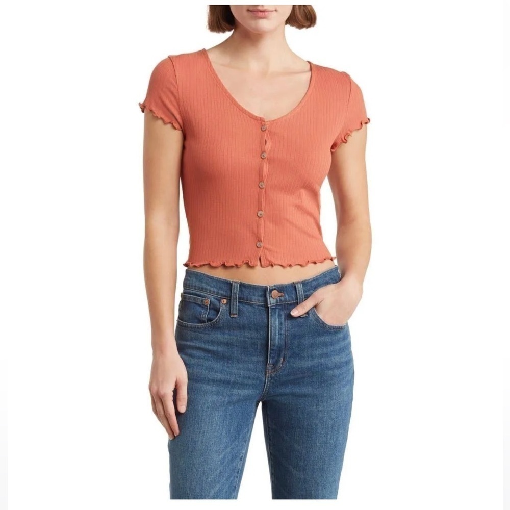 New Madewell Sz Lg Ribbed Button-Front V-Neck Tee